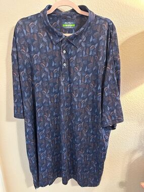 Hogan Navy Leaf-Print Polo with Blue and Brown Leaves